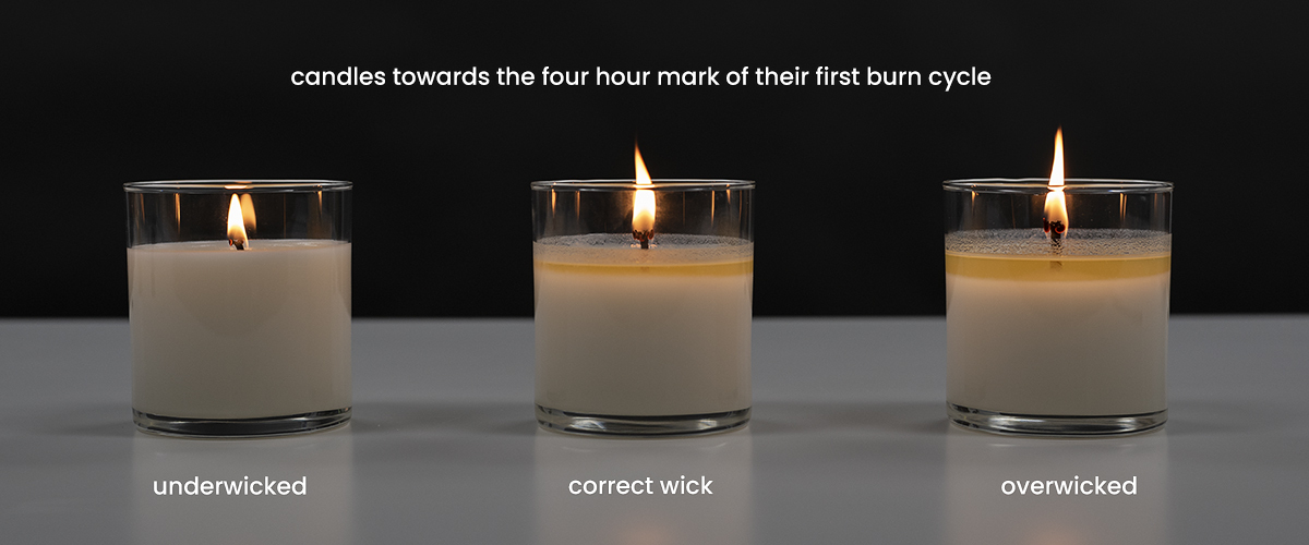 Three candles, one with a small flame, one with a regular flame, one with a large flame
